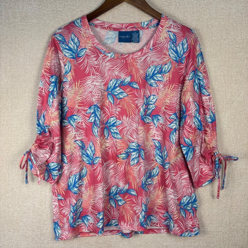 Caribbean Joe Womens XL Tropical Palm Leaf 3/4 Sleeve Ruched Tie Cuff Top Pink